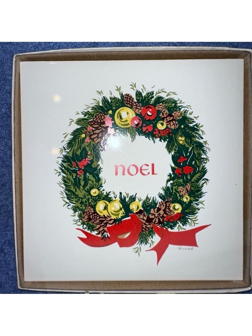 NOS Vintage 1980s Jeweled Cross Noel Christmas Wreath Print Tile Trivet Howard